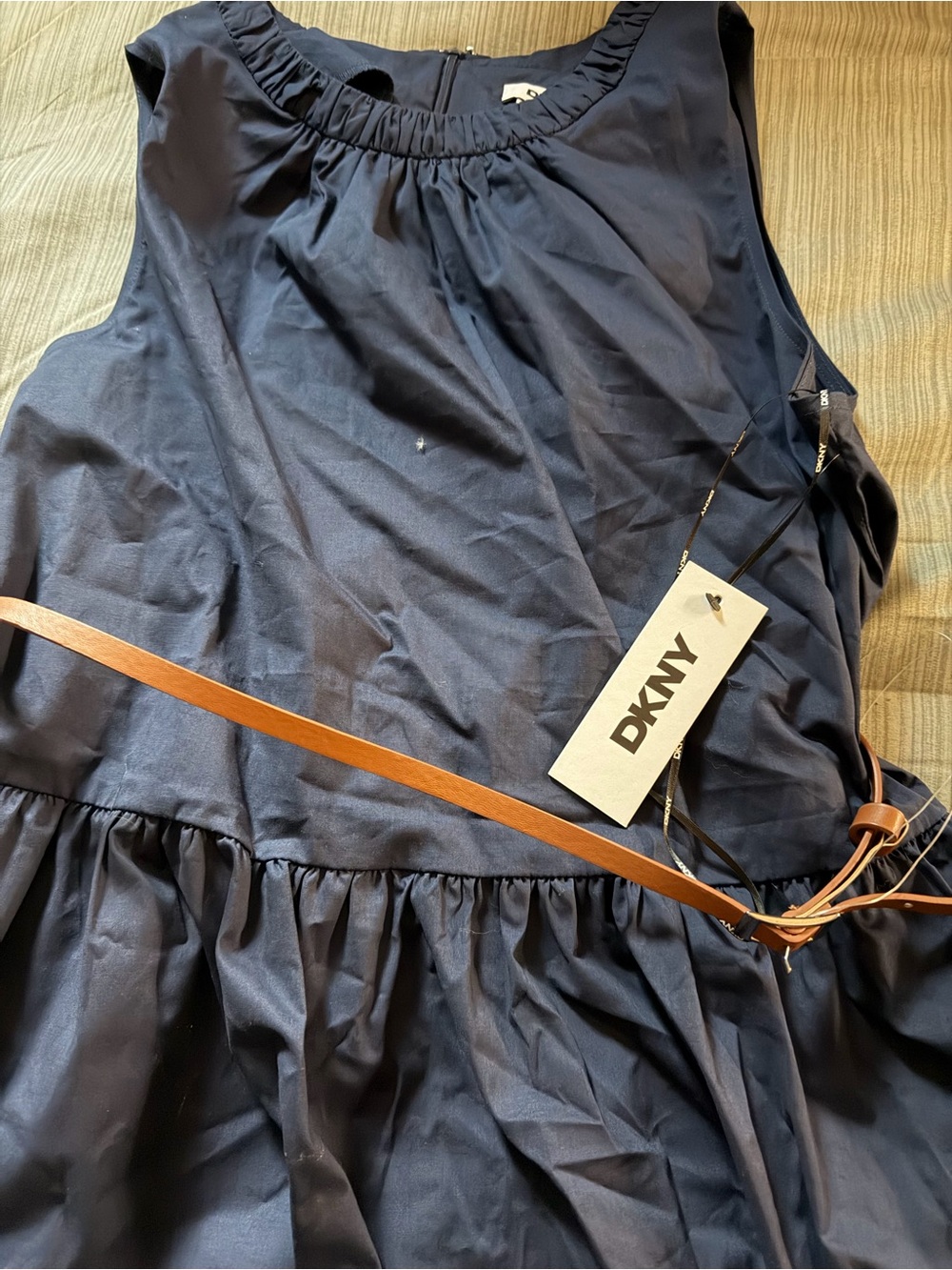 Dkny Navy long Sleeveless Ruffle Waist Dress with Brown Belt